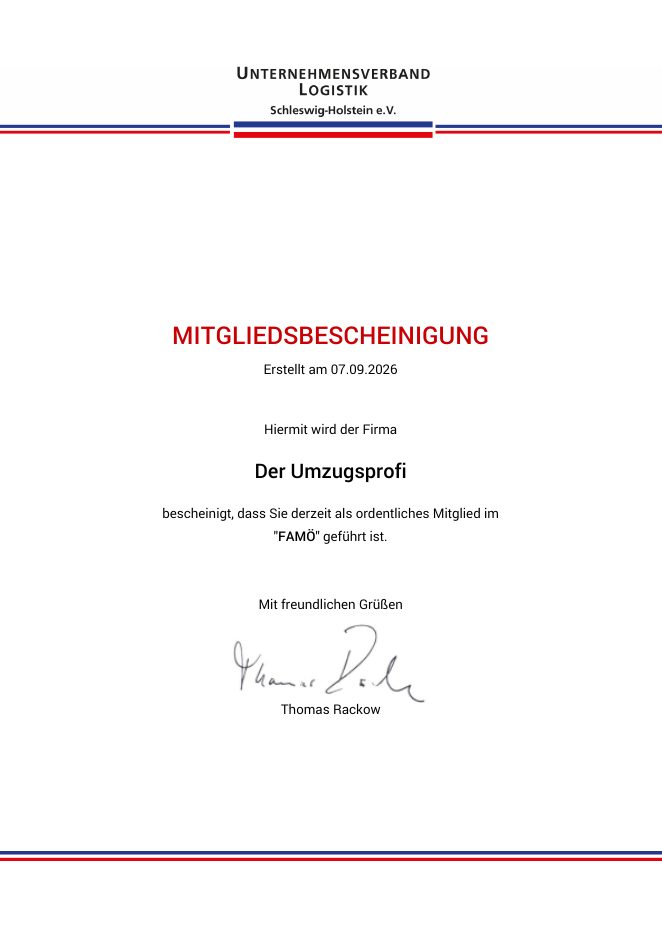 Mitgliedsbescheinigung des Unternehmensverbands Logistik Schleswig-Holstein für Der Umzugsprofi