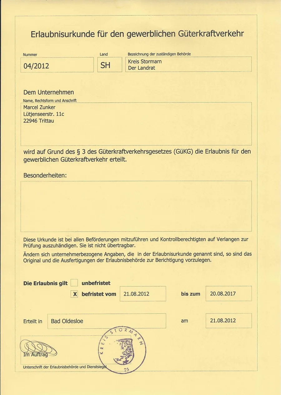 Erlaubnisurkunde – Der Umzugsprofi